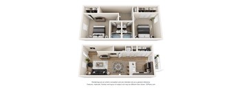 A 3D floor plan of a house with two bedrooms, a living room, a kitchen, and a bathroom.