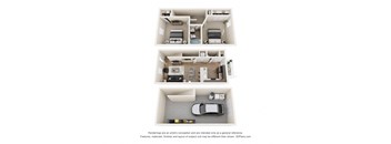 Three images of a house layout with a car in the bottom one.
