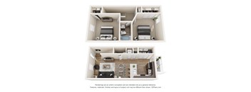 A 3D floor plan of a small apartment with two bedrooms and a living room.