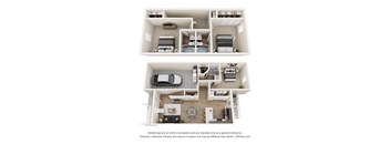 A 3D floor plan of a house with two bedrooms, a living room, a kitchen, and a garage.