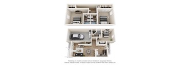A 3D floor plan of a house with two bedrooms, a living room, a kitchen, and a garage.
