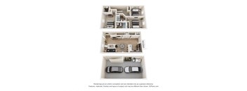 A 3D floor plan of a house with two bedrooms, a living room, a kitchen, and a garage.