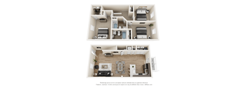 A floor plan of a two-bedroom apartment with a living room and kitchen.