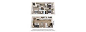 A 3D floor plan of a house with two bedrooms, a living room, a kitchen, and a bathroom.
