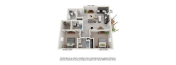 A floor plan of a two-bedroom apartment with a living room, kitchen, and bathroom.