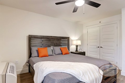 A bedroom with closet and ceiling fan.