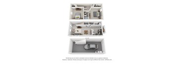 A 3d rendering of a 2 bedroom townhome with drive under garage