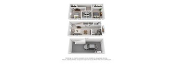 A 3d rendering of a 2 bedroom expanded townhome with a garage