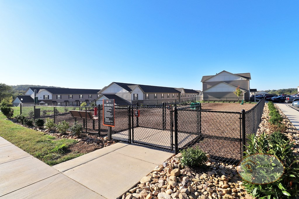 A fenced in dog park with obstacles and a bench.