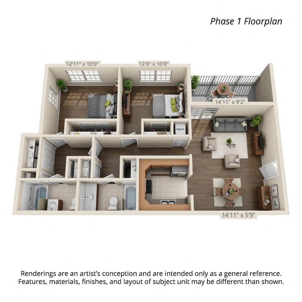 2 bedroom Phase 1 3d floorplan for Town View Apartments Elizabethton