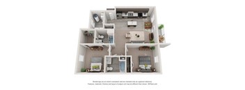 A 3D floor plan of a house with a kitchen, living room, and two bedrooms.