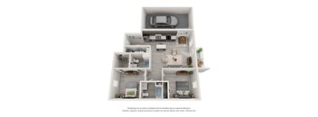 A 3D floor plan of a house with a kitchen, living room, dining room, and two bedrooms.
