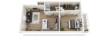 A floor plan of a small apartment with a living room, kitchen, and two bedrooms.