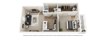 A floor plan of a small apartment with a kitchen, living room, and bedroom.