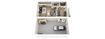 A top-down view of a small apartment with a car parked in the garage.