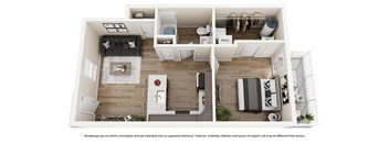 A top down view of a modern apartment with a kitchen, living room, and bedroom.