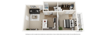 A floor plan of a house with a kitchen, living room, and two bedrooms.