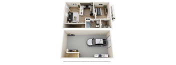 A top-down view of a two-story apartment with a car parked in the garage.