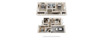 A floor plan of a two-bedroom apartment with a living room, kitchen, and bathroom.