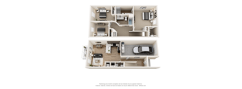 A 3D floor plan of a two-story residential building.