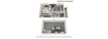 A 680 square foot floor plan shows a living room, kitchen, and a car in the garage.