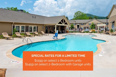 A pool with a sign that says special rates for a limited time.