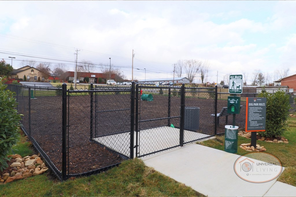 a dog park with a chain link fence and a gate