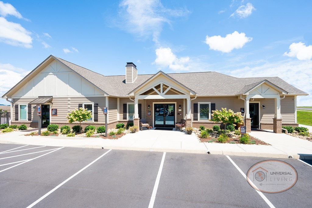 The exterior of the apartment community clubhouse.
