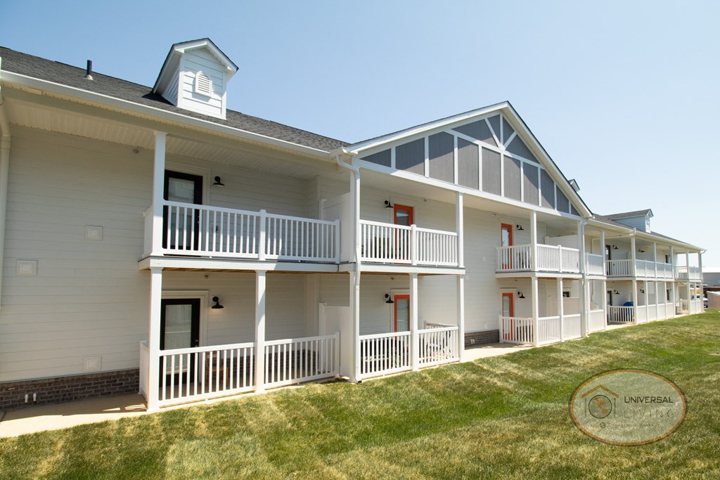 Apartment building with two story balconies.