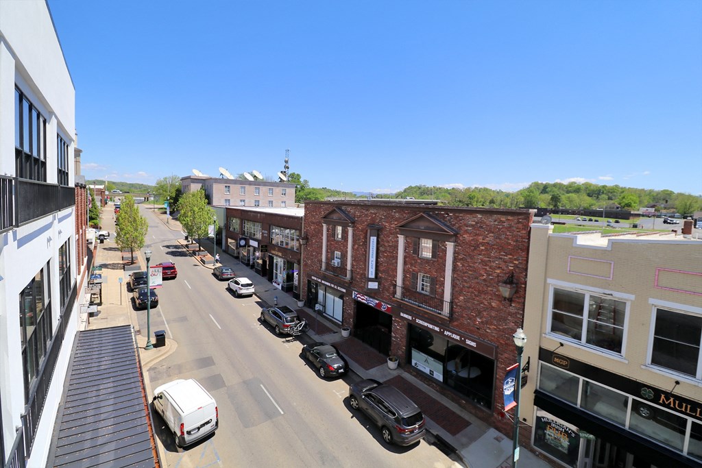 An aerial view of downtown Johnson City, Tennessee, with buildings and cars.