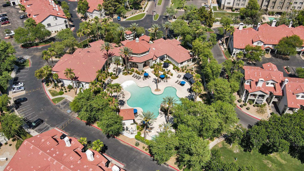 An aerial view of a community with a pool and palm trees.