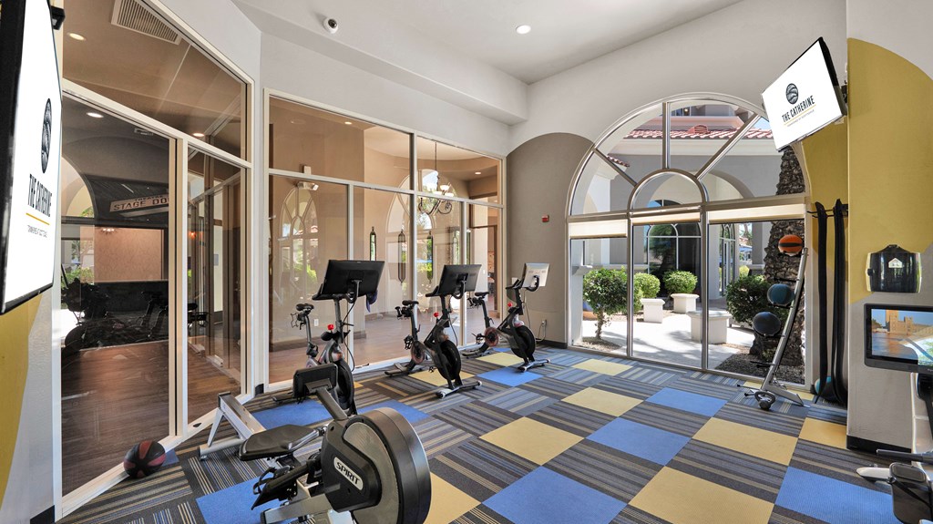 A gym with a variety of exercise equipment including treadmills, stationary bikes, and weight machines.