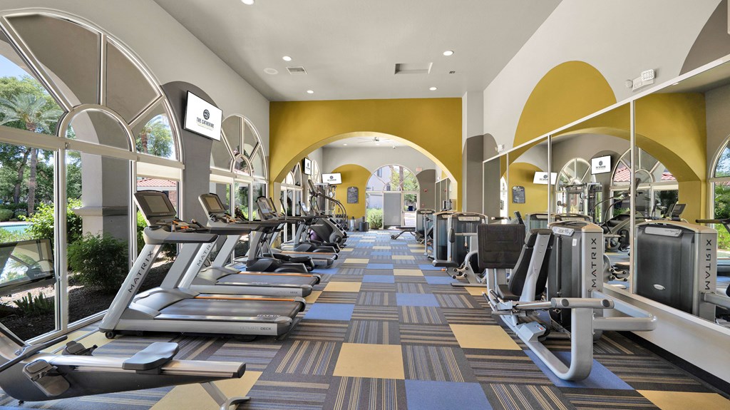 A gym with treadmills and exercise equipment.