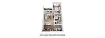 A floor plan of a small apartment with a kitchen, living room, and bedrooms.
