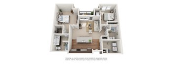 A 3D floor plan of a house with a kitchen, living room, and bedrooms.