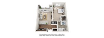 A floor plan of a small apartment with a kitchen, living room, bedroom, and bathroom.