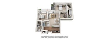 A 3D rendered image of a house layout.