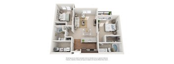 A floor plan of a small apartment with a kitchen, living room, and two bedrooms.