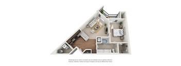 A top-down view of a house layout with a kitchen, living room, and bathroom.