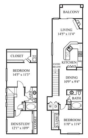 A floor plan of a two bedroom apartment with a den/study.