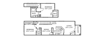 A floor plan of a two bedroom apartment with a living room, kitchen, and bathroom.