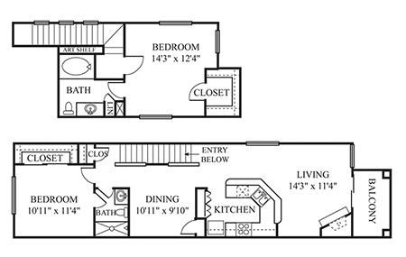 A floor plan of a two bedroom apartment with a living room, kitchen, and bathroom.