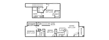 A floor plan of a two bedroom apartment with a living room, dining room, and kitchen.