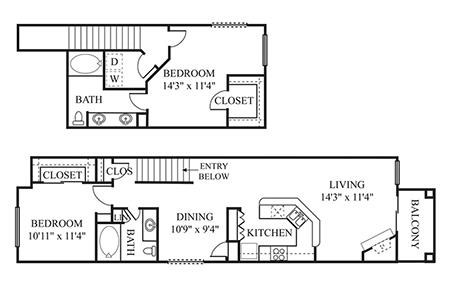 A floor plan of a two bedroom apartment with a living room, dining room, and kitchen.