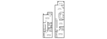 A floor plan of a two-story house with a balcony, three bedrooms, a living room, a kitchen, a dining room, and two bathrooms.