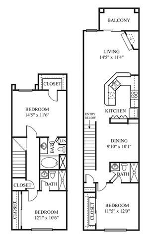 A floor plan of a two-story house with a balcony, three bedrooms, a living room, a kitchen, a dining room, and two bathrooms.