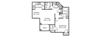 A floor plan of a home with a kitchen, dining area, living room, bedroom, bathroom, and storage space.