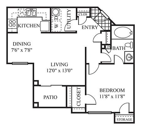 A floor plan of a home with a kitchen, dining area, living room, bedroom, bathroom, and storage space.