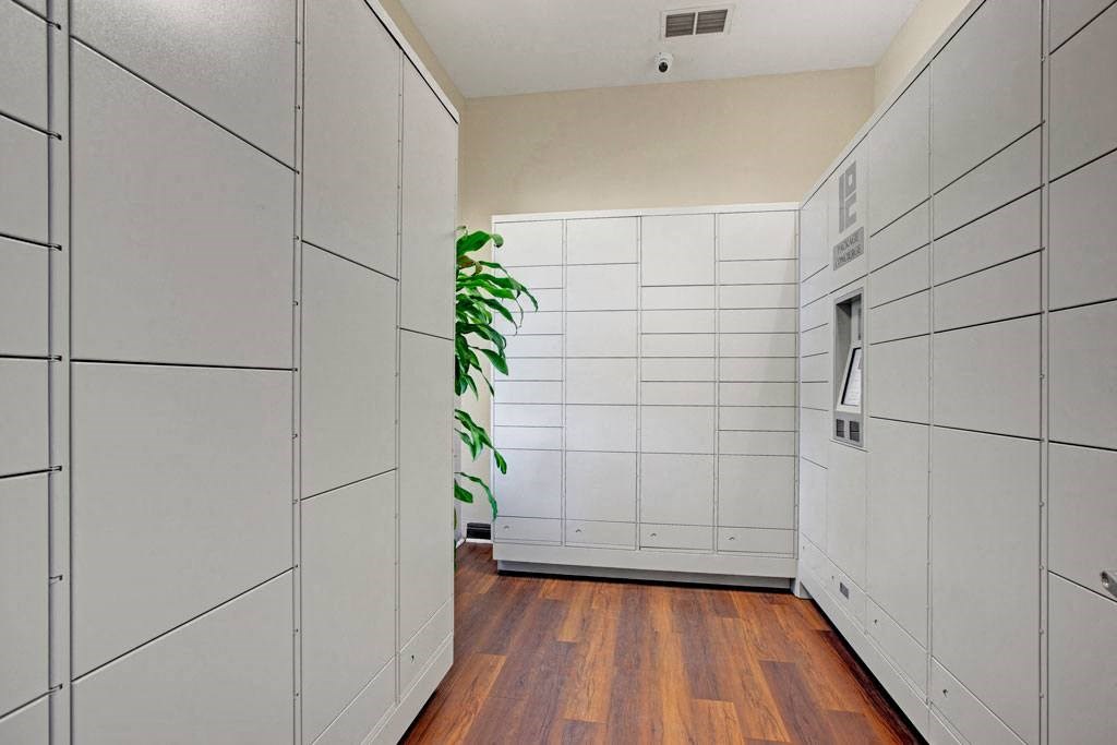 A long corridor with a plant in the middle.