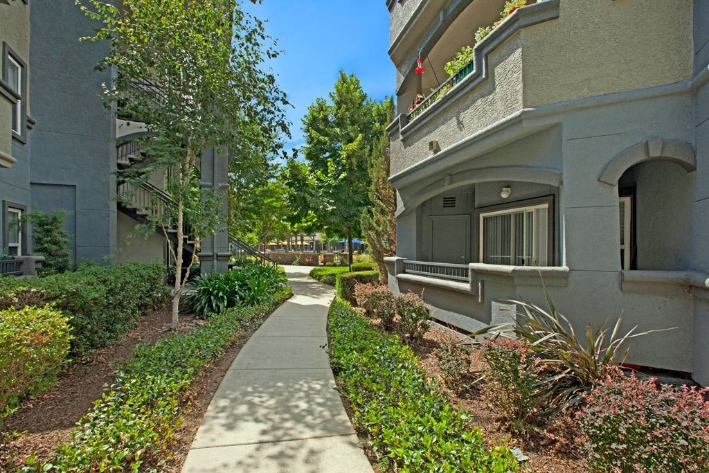 A concrete pathway leads through a landscaped area between two buildings.